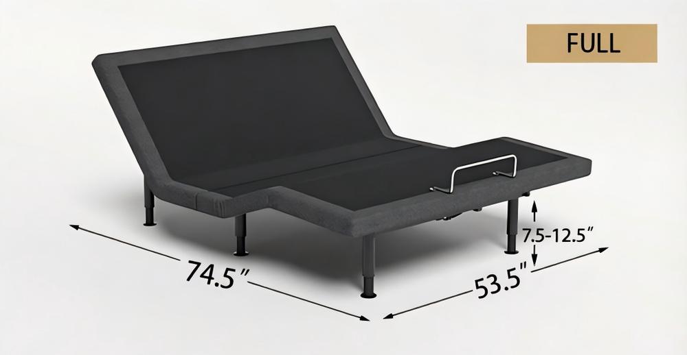 Full base: 74.5″ × 53.5″, legs 7.5 to 12.5 inches