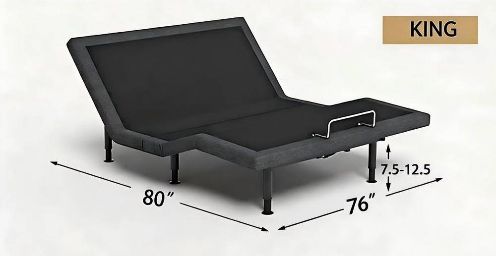 King base: 80″ × 76″, legs 7.5 to 12.5 inches