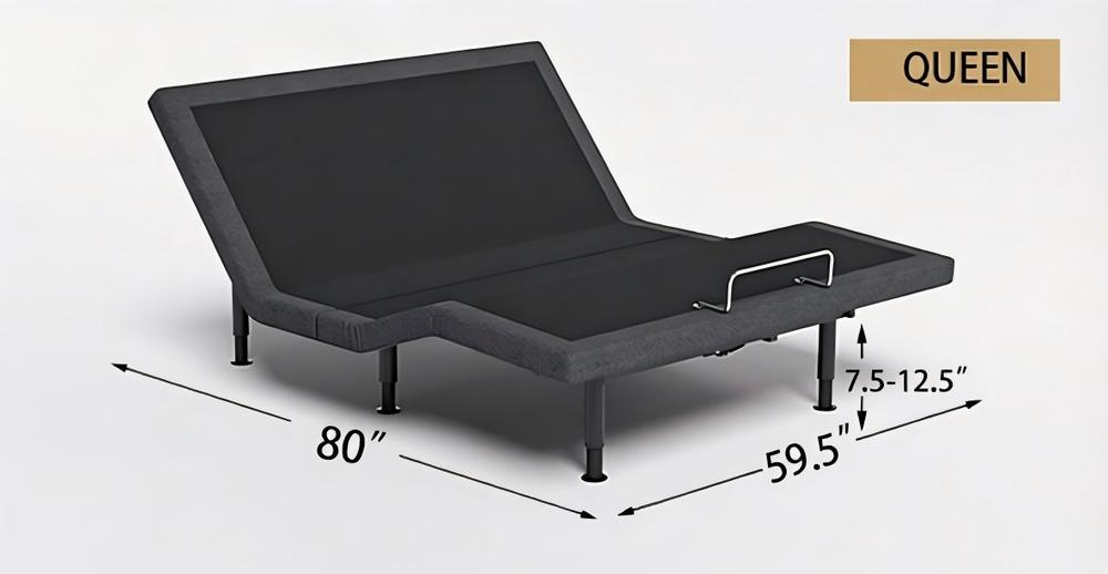 Queen base: 80″ × 59.5″, legs 7.5 to 12.5 inches